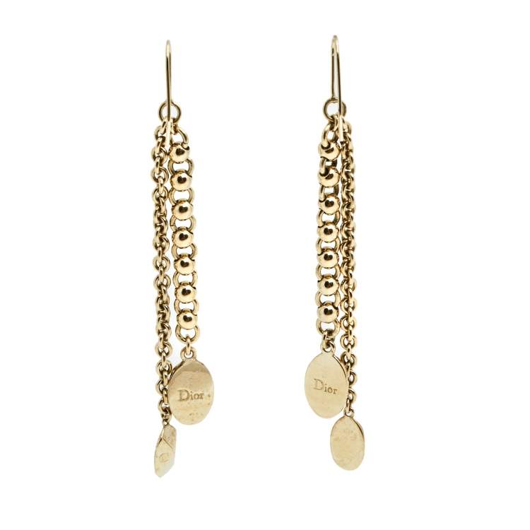Pre Owned Dior Gold Tone Logo Drop Tasseled Earring and Necklace Set