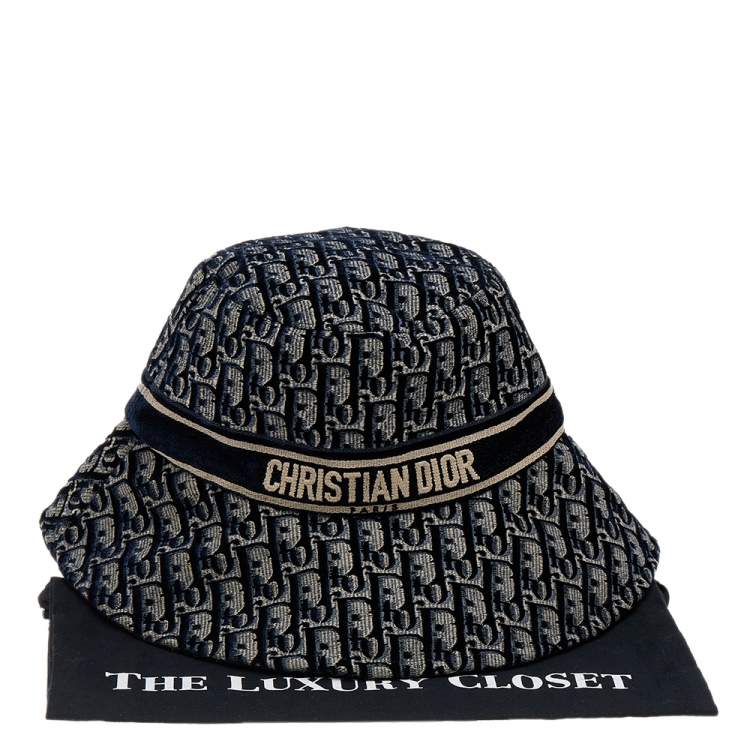 Pre Owned Dior Navy Blue Velvet Oblique Bucket Hat