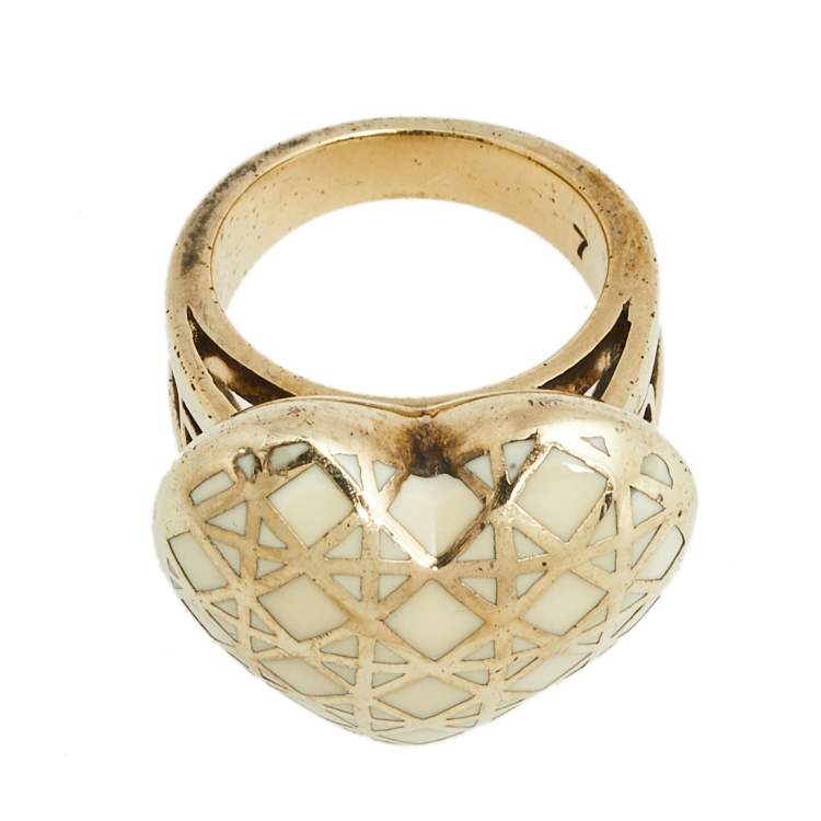 Pre Owned Dior Gold Tone Enamel Cannage Heart Cocktail Ring Size EU 54.4