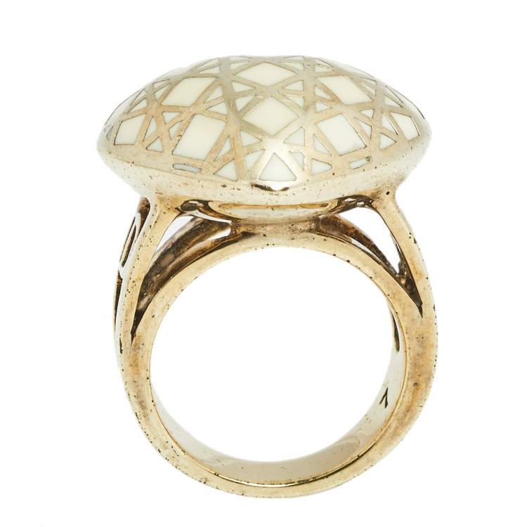Pre Owned Dior Gold Tone Enamel Cannage Heart Cocktail Ring Size EU 54.4