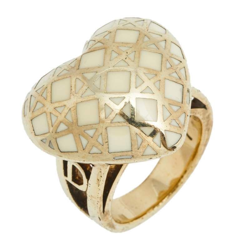 Pre Owned Dior Gold Tone Enamel Cannage Heart Cocktail Ring Size EU 54.4