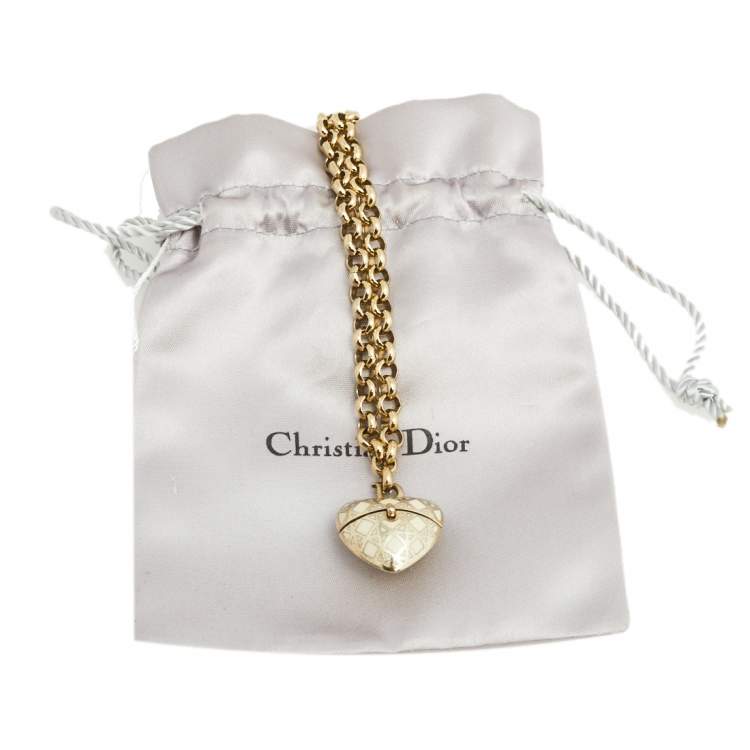Pre Owned Dior Gold Tone Enamel Cannage Heart Locket Charm Necklace