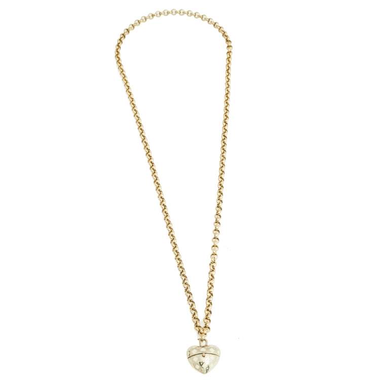 Pre Owned Dior Gold Tone Enamel Cannage Heart Locket Charm Necklace