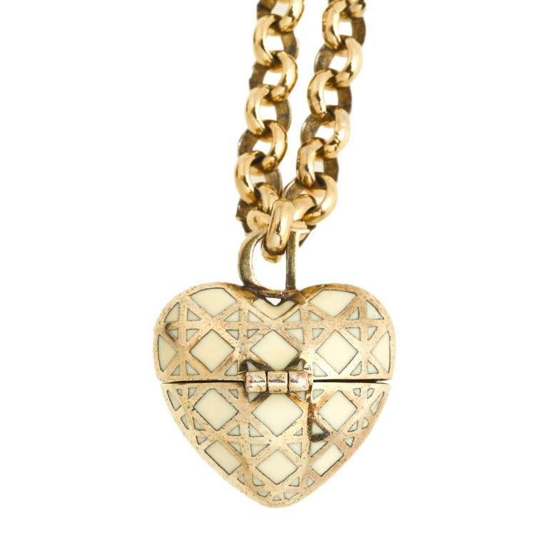 Pre Owned Dior Gold Tone Enamel Cannage Heart Locket Charm Necklace