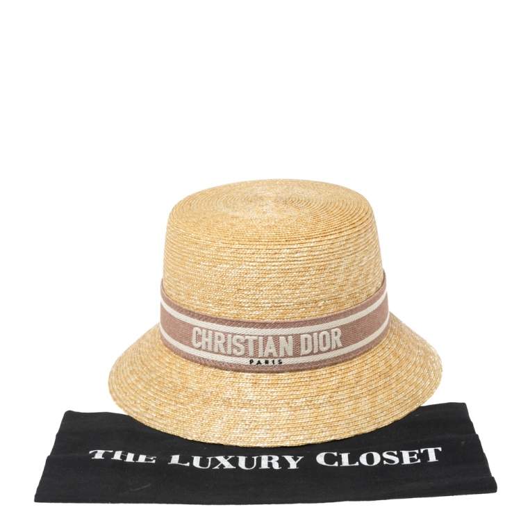 Pre Owned Christian Dior Dioresort Straw Logo Band Detail Small Brim Hat (57)
