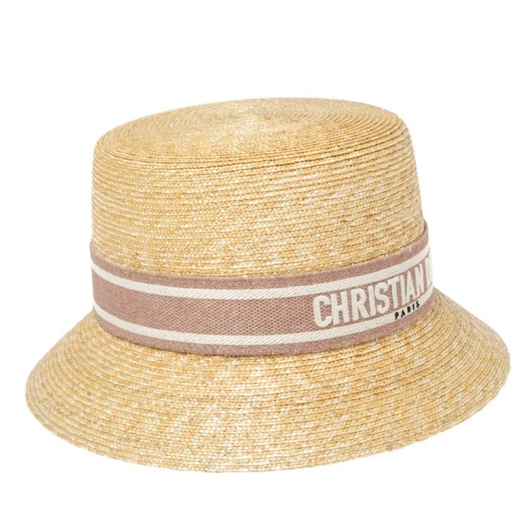 Pre Owned Christian Dior Dioresort Straw Logo Band Detail Small Brim Hat (57)