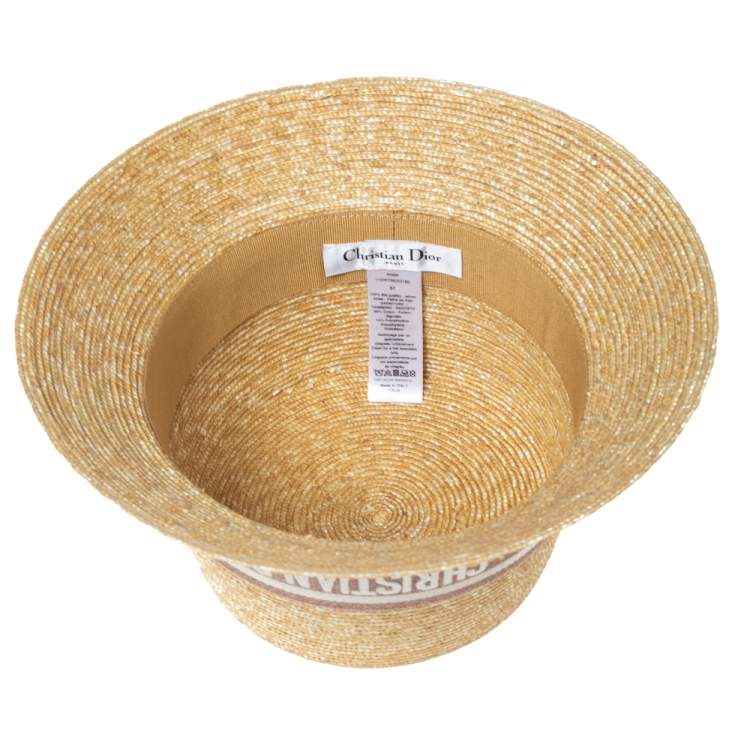 Pre Owned Christian Dior Dioresort Straw Logo Band Detail Small Brim Hat (57)