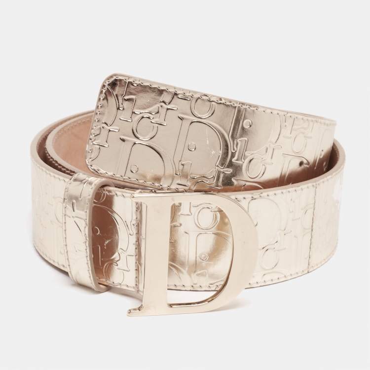 Pre Owned Dior Gold Monogram Foil Leather D Buckle Belt 80CM