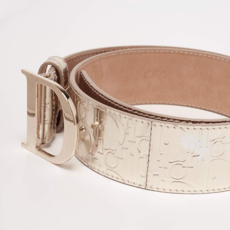Pre Owned Dior Gold Monogram Foil Leather D Buckle Belt 80CM