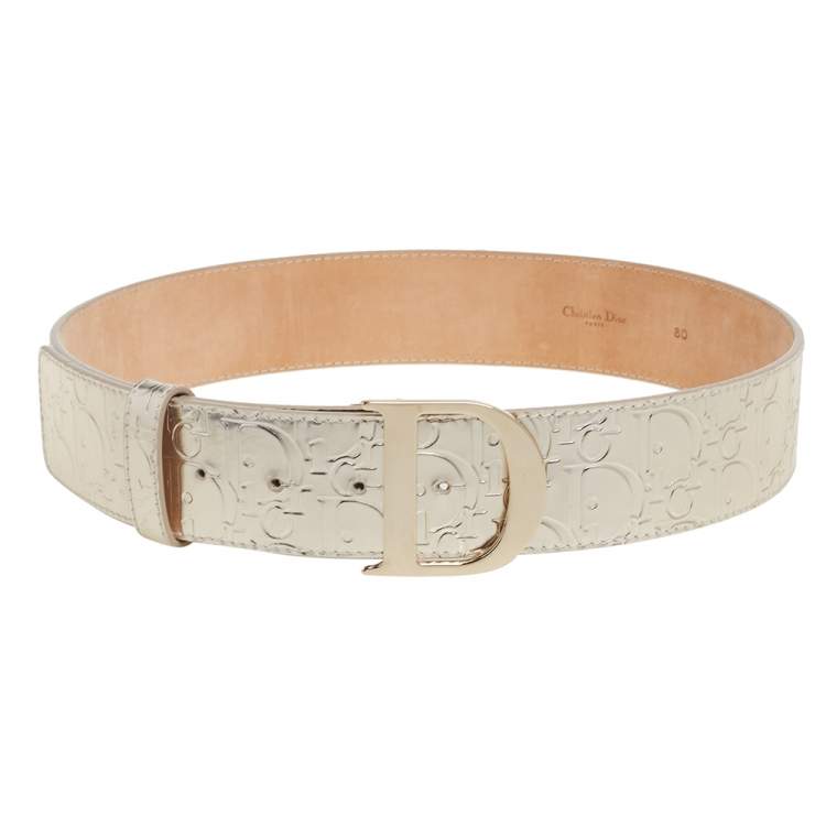 Pre Owned Dior Gold Monogram Foil Leather D Buckle Belt 80CM