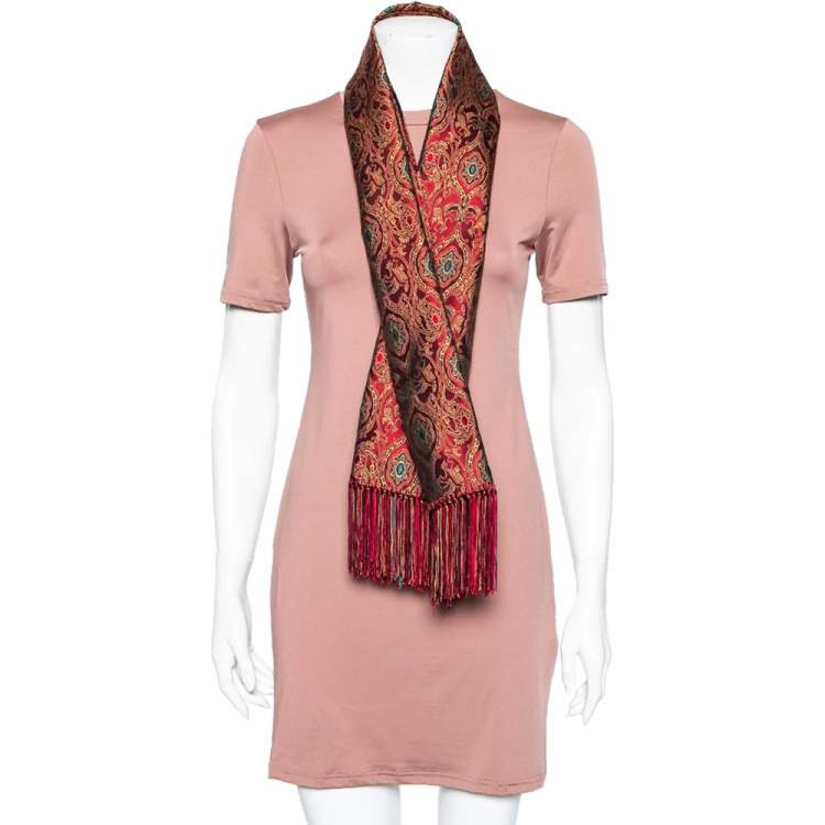 Pre Owned Christian Dior Boutique Maroon Silk Brocade Fringed Scarf