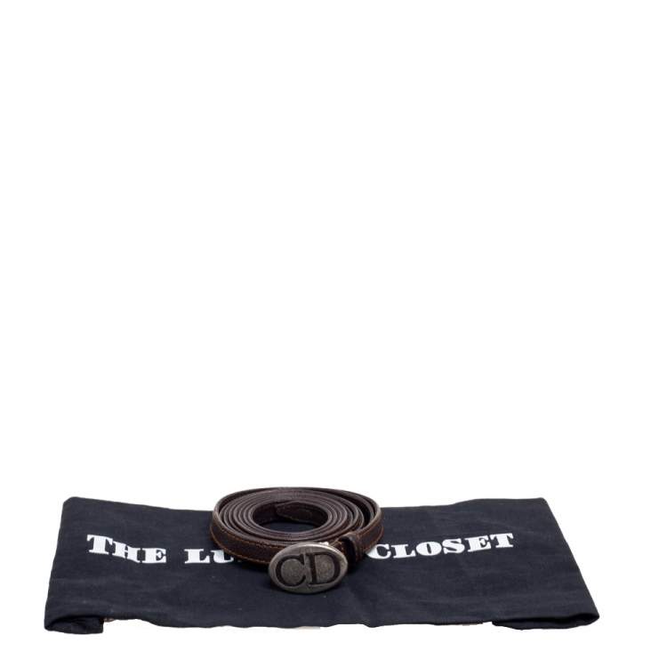 Pre Owned Dior Dark Brown Leather CD Logo Double Waist Belt 90CM