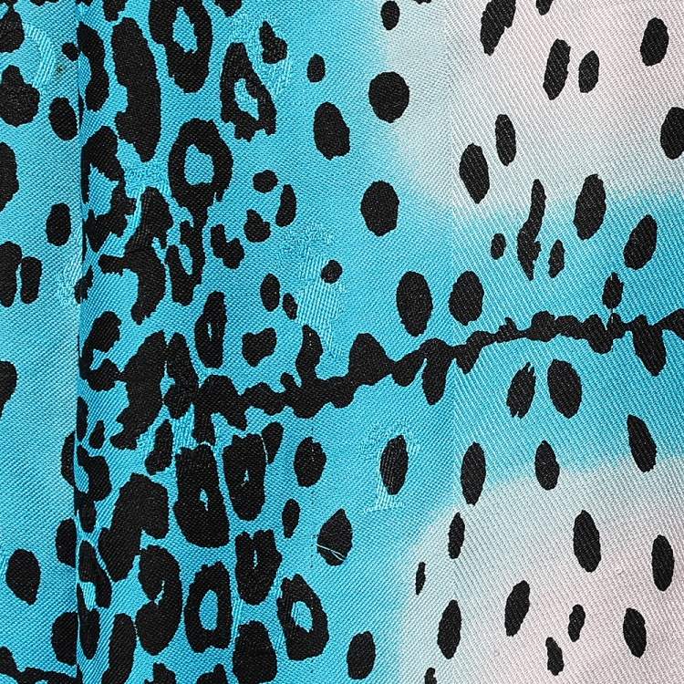 Pre Owned Dior Blue & Pink Leopard Print Jacquard Silk Wool Shawl