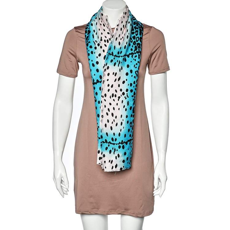 Pre Owned Dior Blue & Pink Leopard Print Jacquard Silk Wool Shawl