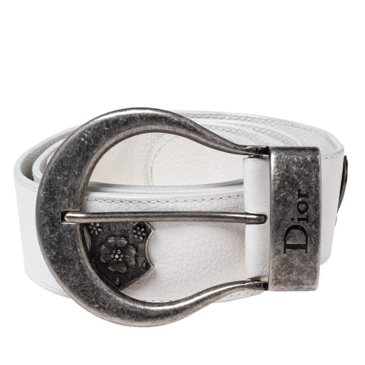 Pre Owned Dior White Leather Gaucho Embellished Buckle Belt 95CM
