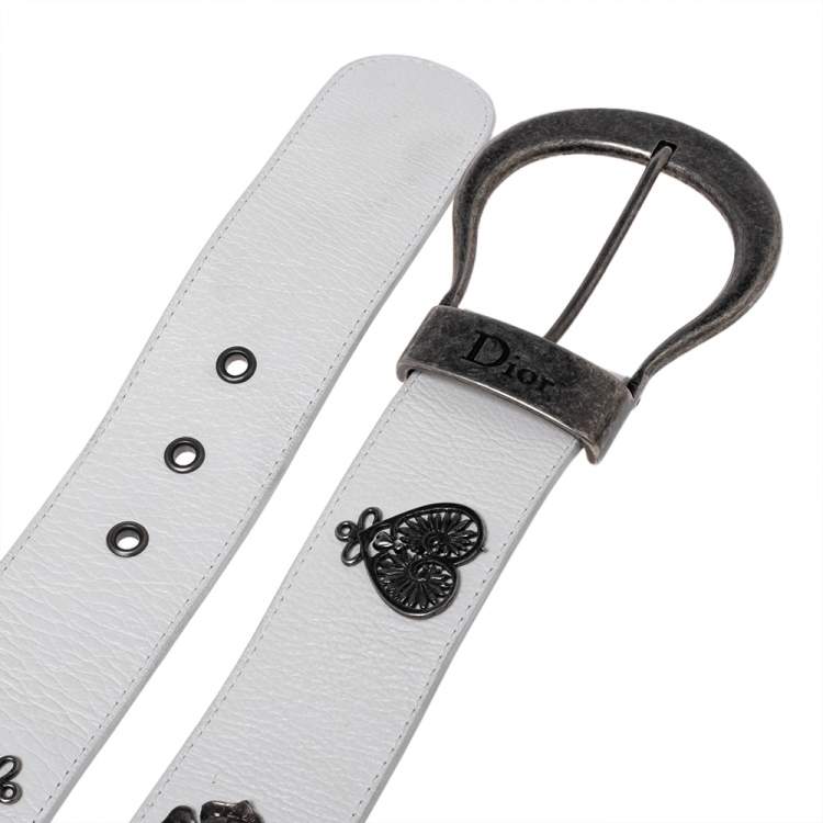 Pre Owned Dior White Leather Gaucho Embellished Buckle Belt 95CM
