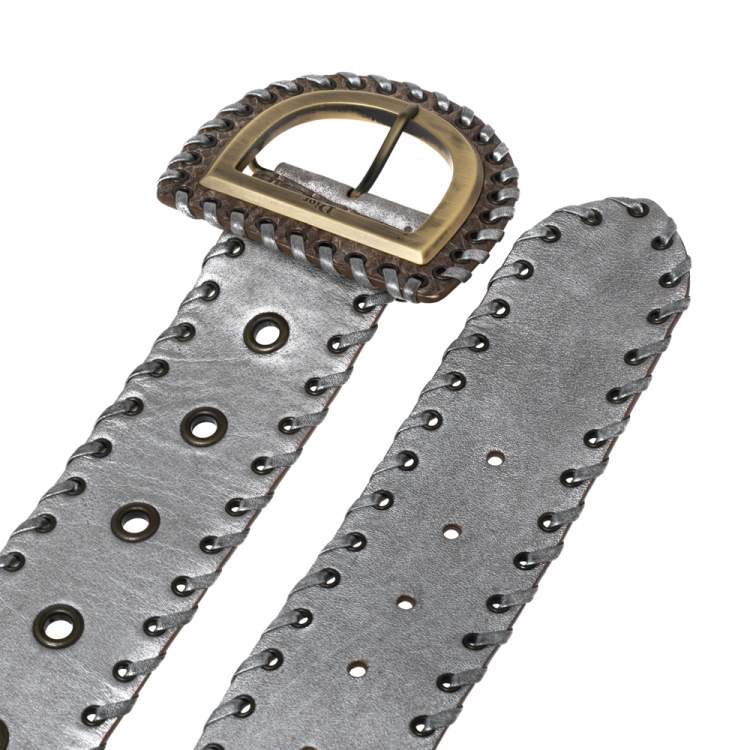 Pre Owned Dior Grey Leather Whipstitch D Buckle Belt 90CM