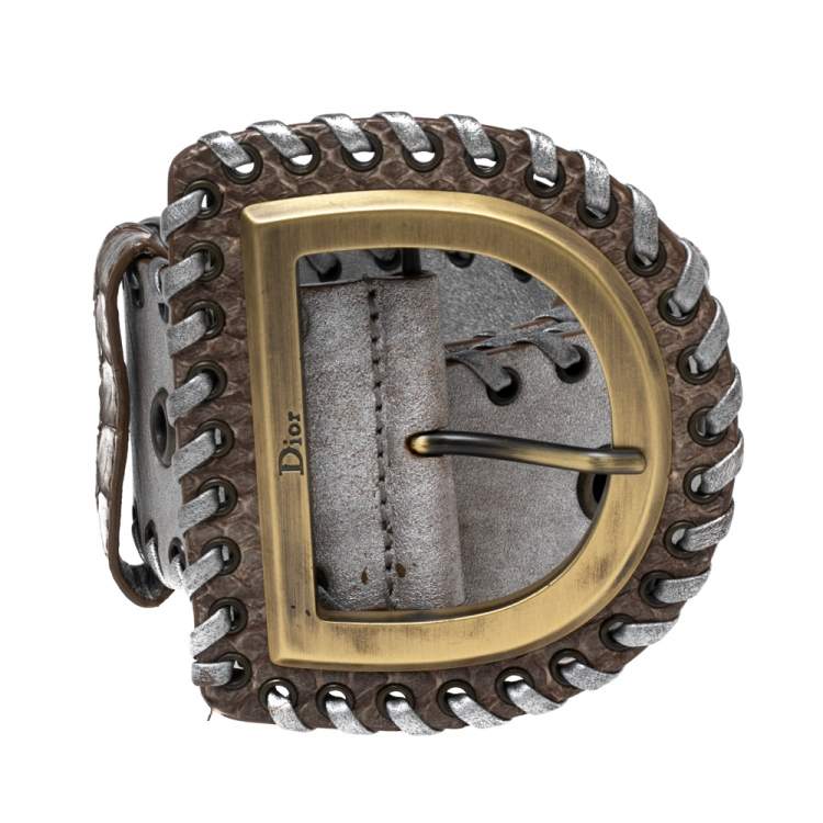 Pre Owned Dior Grey Leather Whipstitch D Buckle Belt 90CM