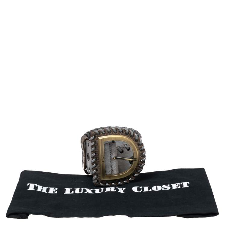 Pre Owned Dior Grey Leather Whipstitch D Buckle Belt 90CM