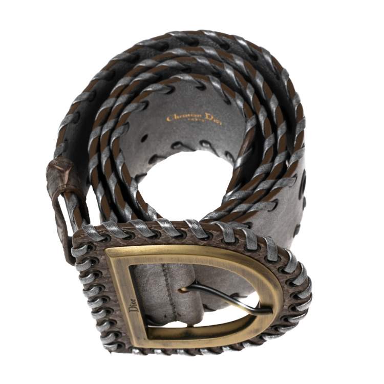 Pre Owned Dior Grey Leather Whipstitch D Buckle Belt 90CM
