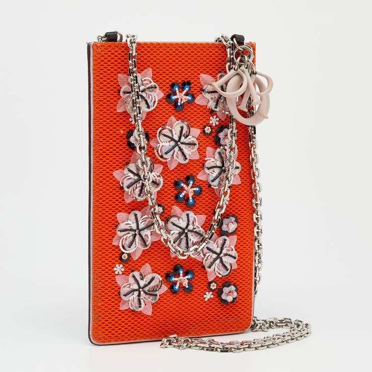 مملوكة مسبقًا Dior Orange/Black Mesh And Leather Fusion Embellished Phone Case