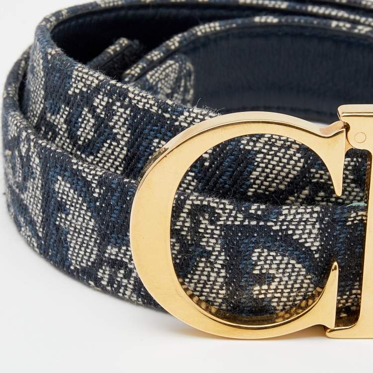 Pre Owned Dior Navy Blue Oblique Canvas And Leather CD Logo Belt 85 CM