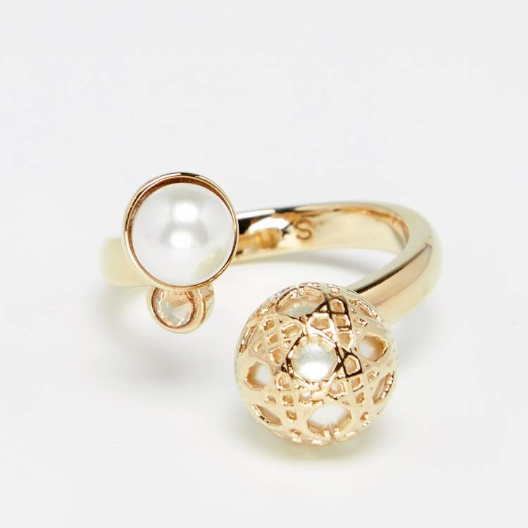 Pre Owned Dior Cannage Faux Pearl Crystal Gold Tone Open Ring S