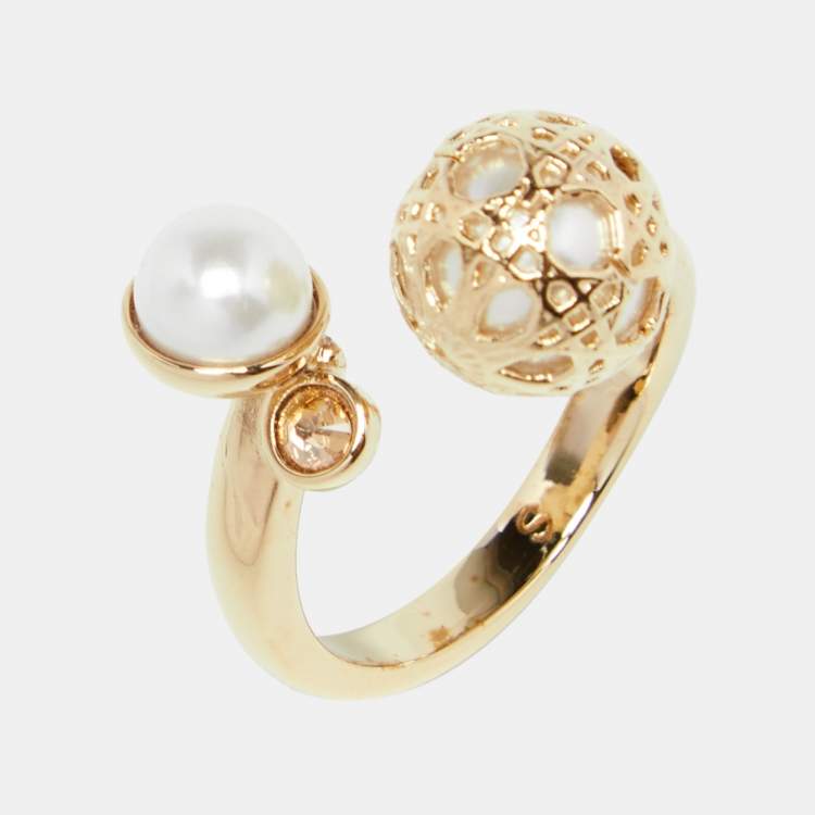 Pre Owned Dior Cannage Faux Pearl Crystal Gold Tone Open Ring S