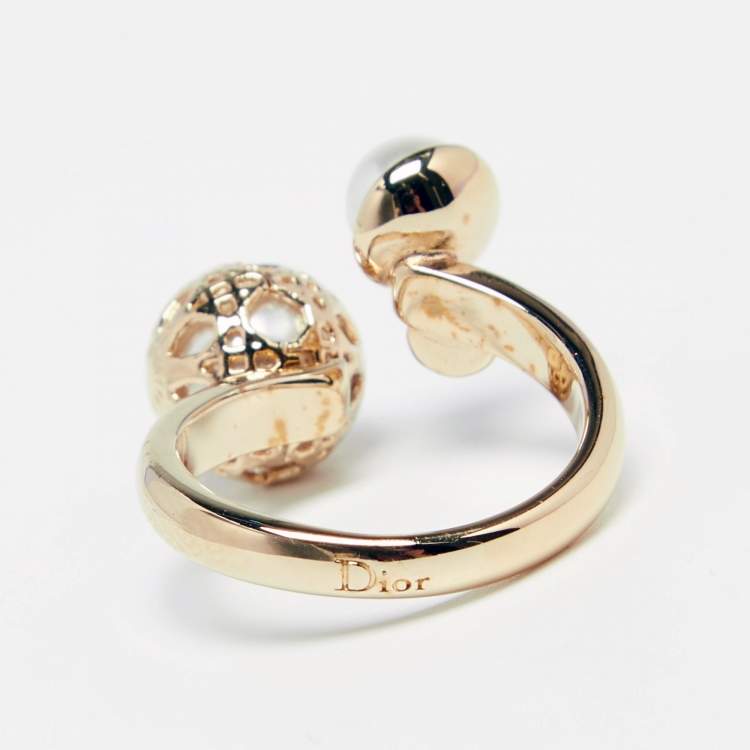 Pre Owned Dior Cannage Faux Pearl Crystal Gold Tone Open Ring S