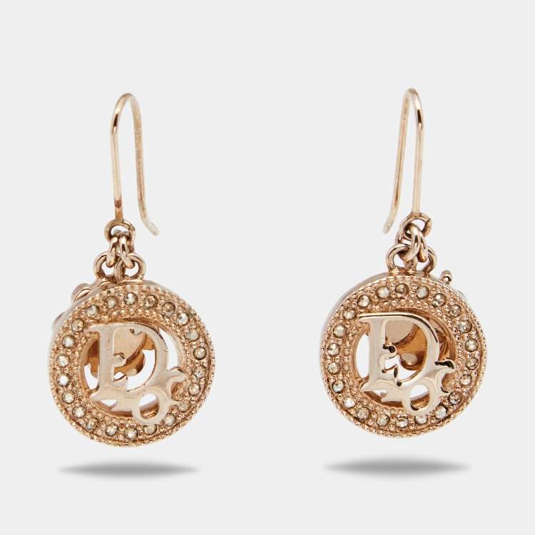 Pre Owned Dior Gold Tone Crystal Logo & Clover Drop Hook Earrings