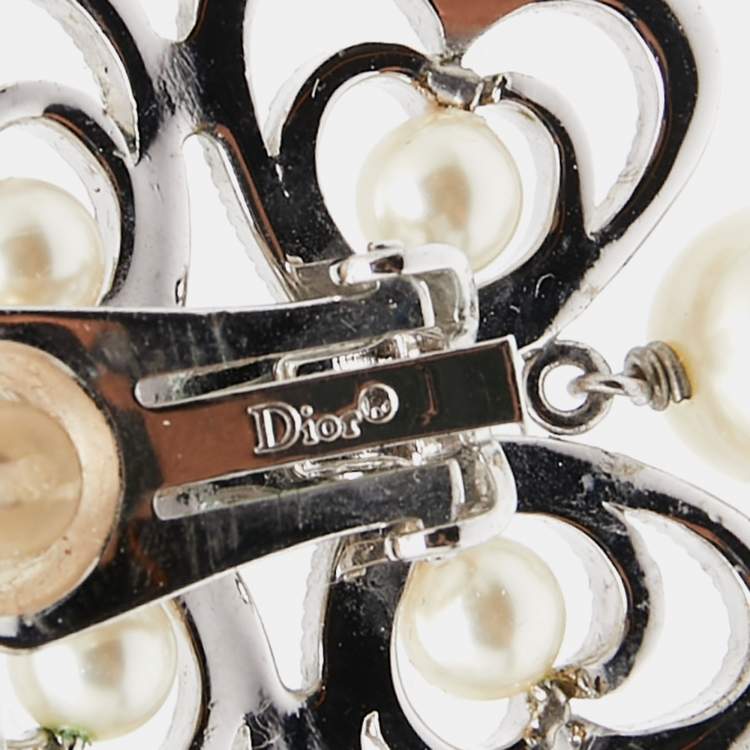 Pre Owned Dior Heart Motif Crystal Faux Pearl Silver Tone Metal Clip-on Drop Earrings