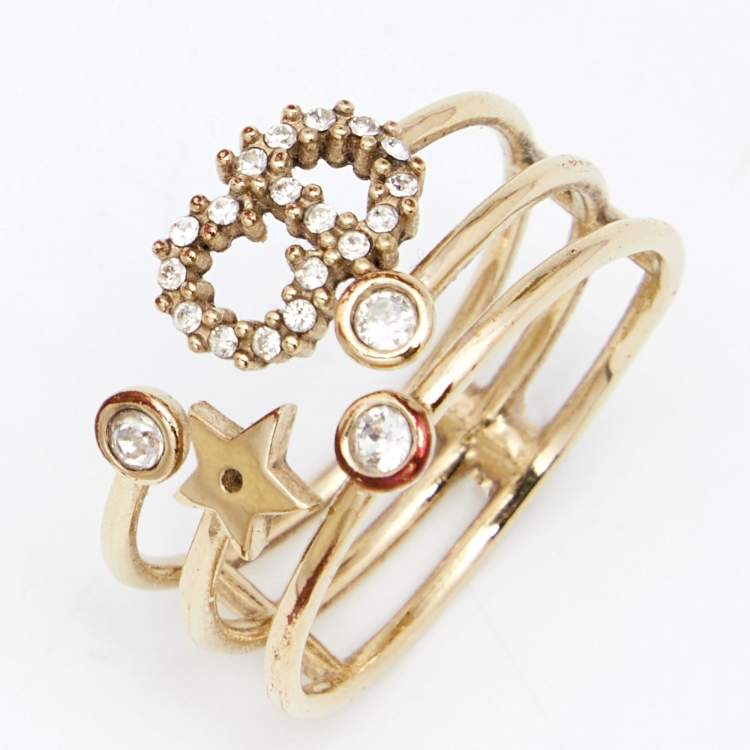 Pre Owned Dior CD Crystals Gold Tone Metal Ring Size 56