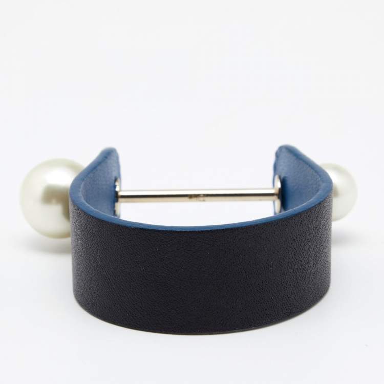 Pre Owned Dior Perle Blue Leather & Faux Pearl Cuff Bracelet S