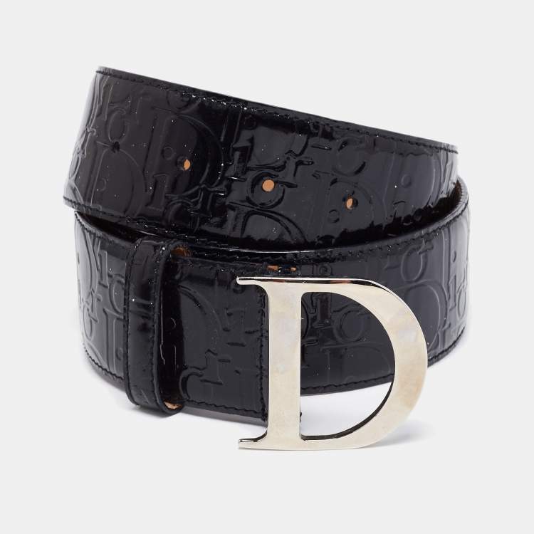 Pre Owned Dior Black Oblique Patent Leather Logo Belt 80CM