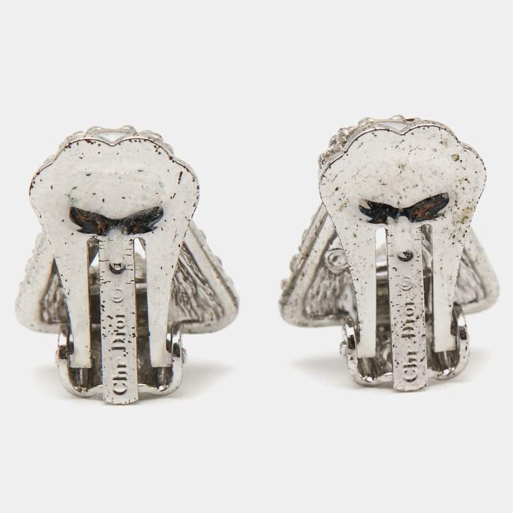 Pre Owned Dior CD Crystals SIlver Tone Metal Clip On Earrings