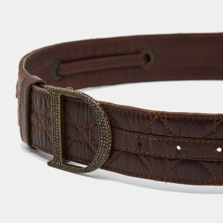 Pre Owned Dior Brown Cannage Leather Crystal Embellished D Buckle Belt 95CM