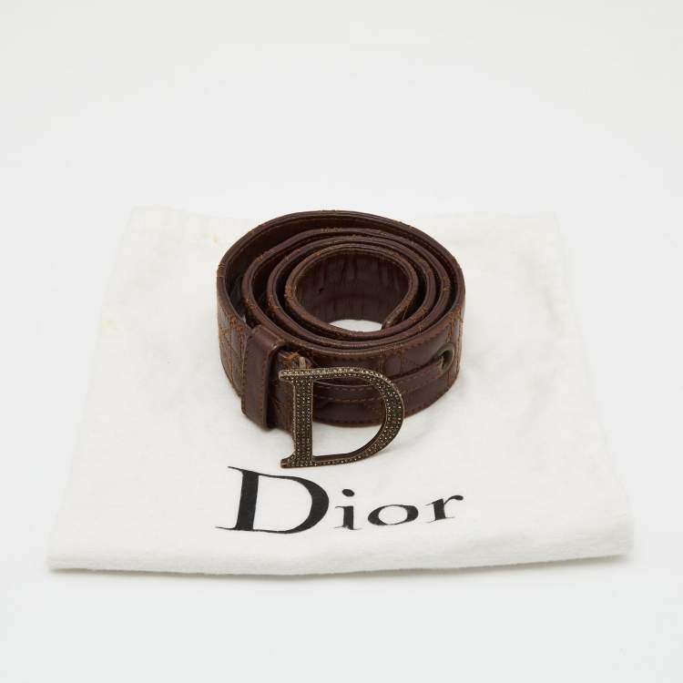 Pre Owned Dior Brown Cannage Leather Crystal Embellished D Buckle Belt 95CM