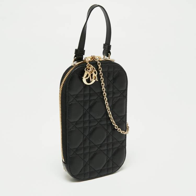 مملوكة مسبقًا Dior Black Cannage Leather Lady Dior Chain Phone Holder 