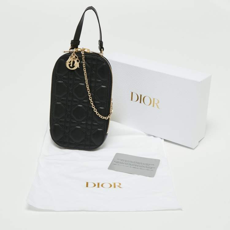مملوكة مسبقًا Dior Black Cannage Leather Lady Dior Chain Phone Holder 