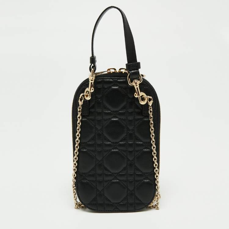 مملوكة مسبقًا Dior Black Cannage Leather Lady Dior Chain Phone Holder 
