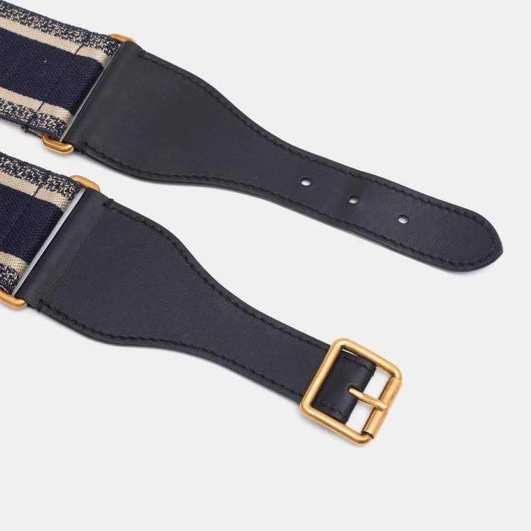 Pre Owned Dior Blue/Beige Embroidered Canvas and Leather Waist Belt 75 CM