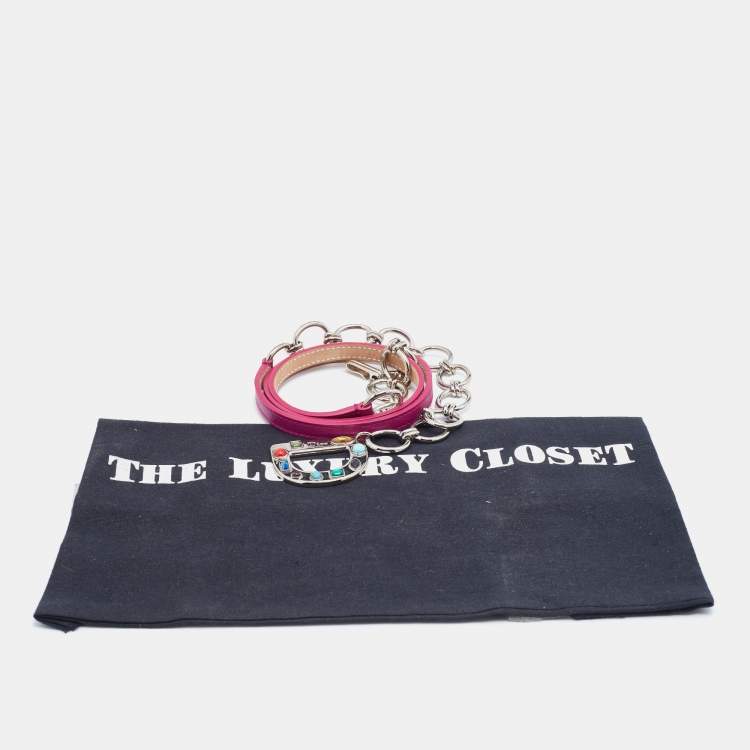 Pre Owned Dior Magenta Leather Crystal Embellished Logo Chain Belt 90 CM