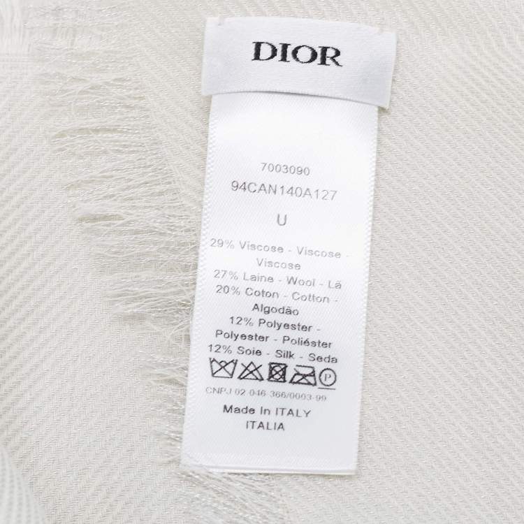 Pre Owned Dior Ivory Cannage Patterned Wool & Silk Fringed Square Scarf 
