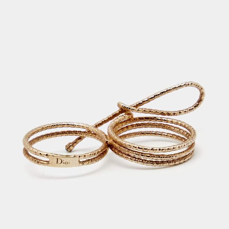 Pre Owned Dior Miss Dior Crystal Gold Tone Two-Finger Bow Cocktail Ring Size L