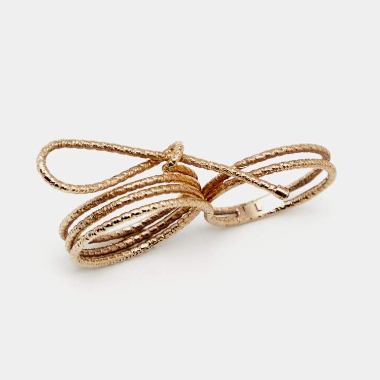 Pre Owned Dior Miss Dior Crystal Gold Tone Two-Finger Bow Cocktail Ring Size L