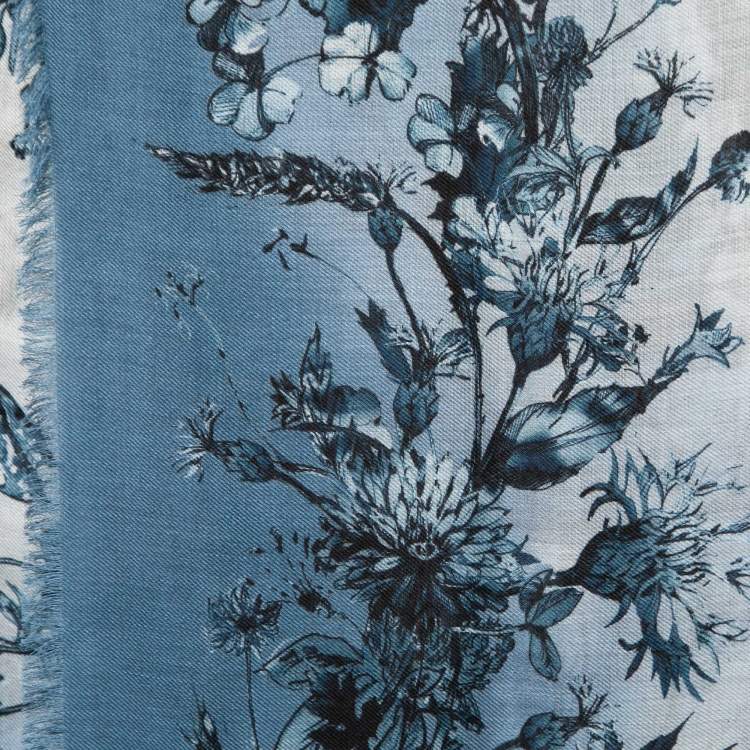 Pre Owned Christian Dior Blue Floral Print Cashmere Scarf 