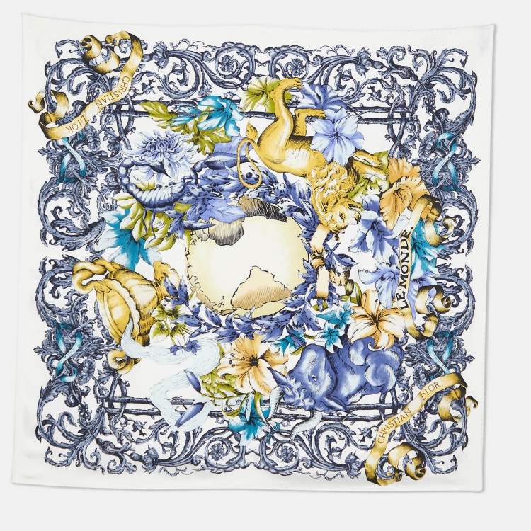 Pre Owned Dior White & Blue Le Monde Silk Scarf