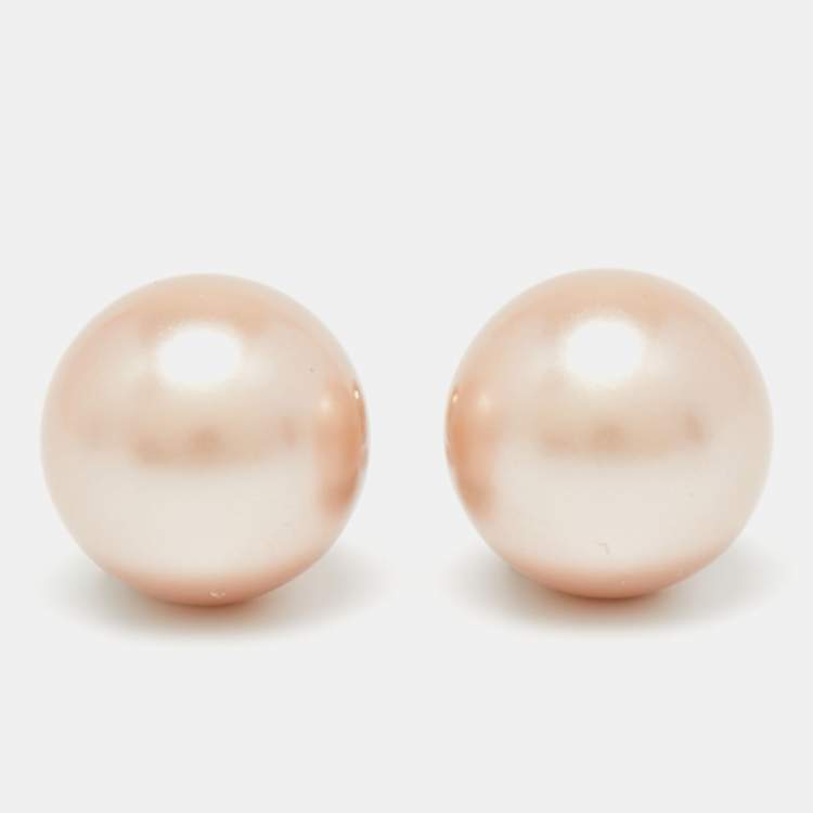 Pre Owned Dior Tribales Champagne Faux Pearl Gold Tone Stud Earrings