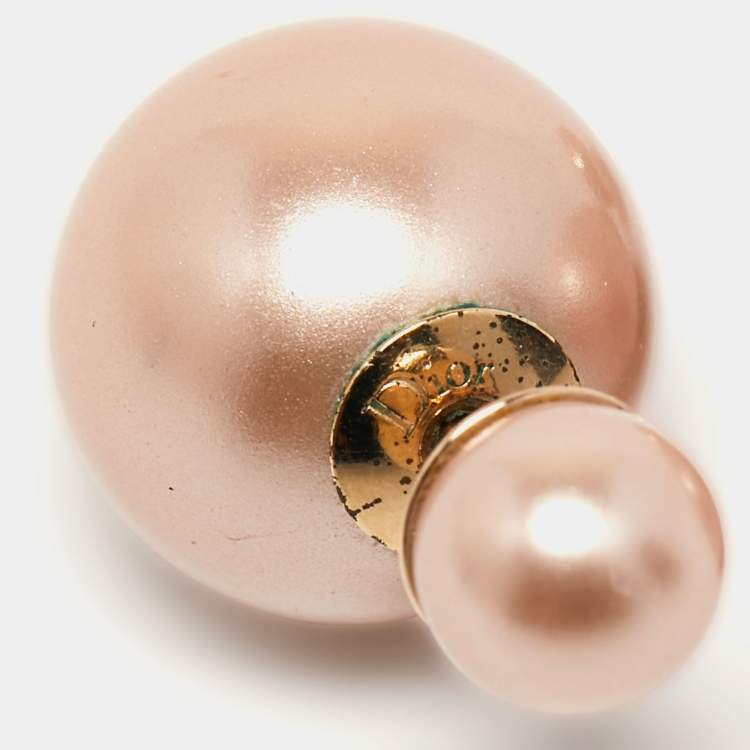 Pre Owned Dior Tribales Champagne Faux Pearl Gold Tone Stud Earrings