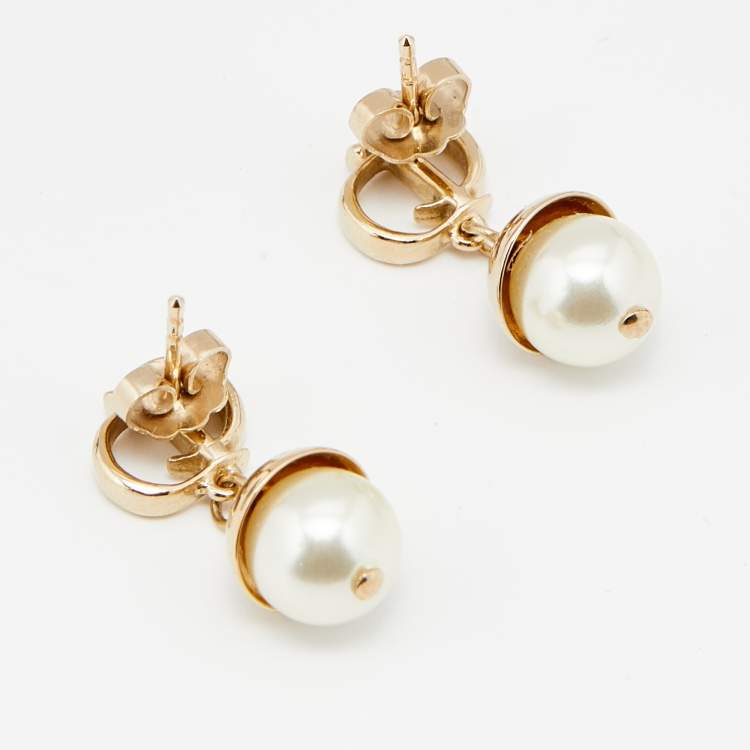 Pre Owned Dior Gold Tone CD Faux Pearl Drop Earrings
